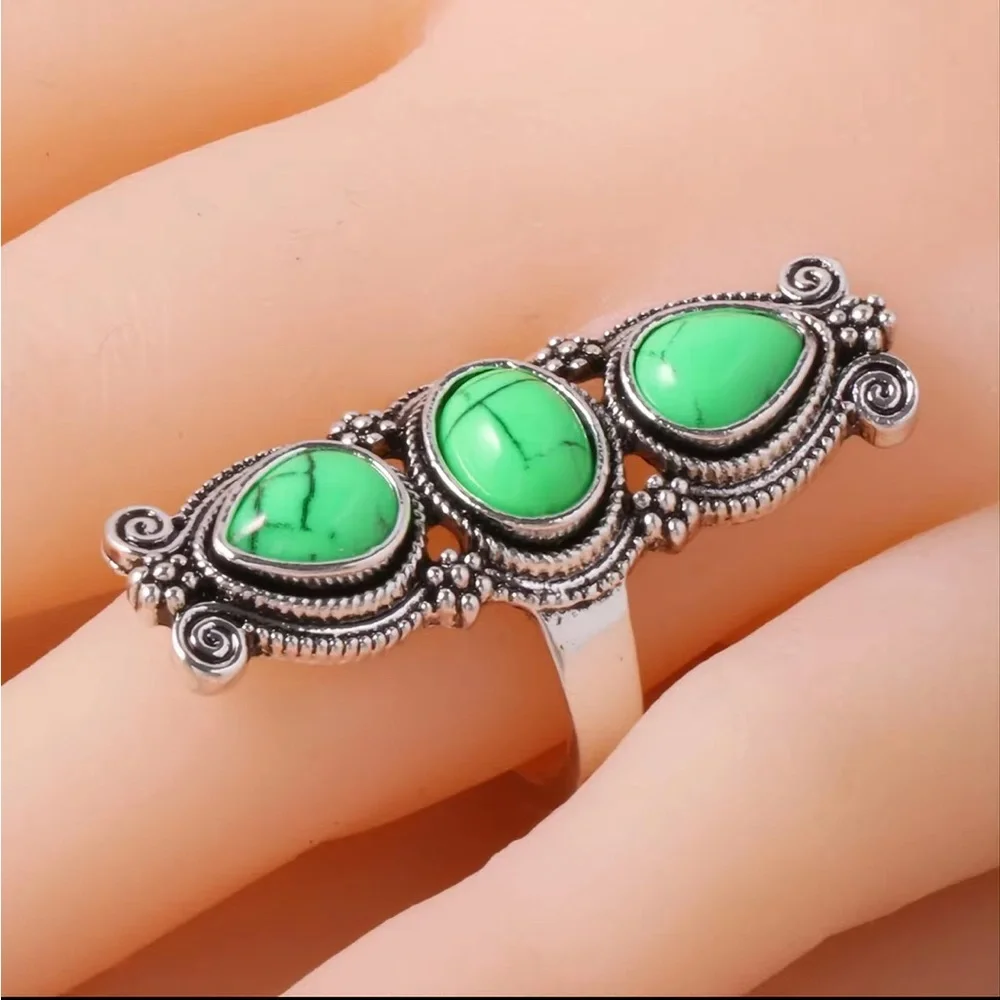 Long Style Silver and Triple Green Resin Stone Ring
